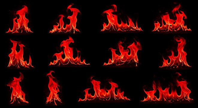 Inferno Animation Frames Crimson Fire Dance Burning Embers Sequence Fiery Flicker Study Red Hot Animation Cells Flames In Motion Digital Fire Graphics Inferno Sprite Sheet AI Generated