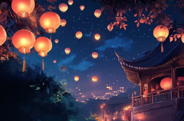 Chinese lanterns floating in the night sky during the Mid-
