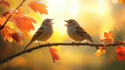 Fototapeta premium A peaceful autumn morning where two melodious birds exchange songs, their bright feathers glowing in the sunlight.