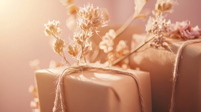 Close-up of eco-friendly Valentine's gift boxes wrapped in kraft paper, tied with jute twine, surrounded by dried flowers, blank gift card, warm natural tones
