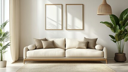 A modern living room with a beige couch.