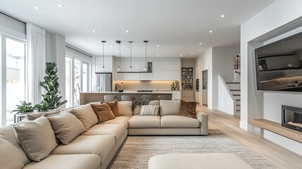 A modern living room with a beige couch against a white wall.