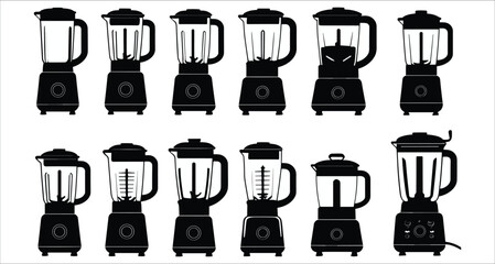 Set of different blender silhouettes vector. Black blender silhouettes collection. Black and white electric blenders silhouettes. Black silhouettes of kitchen blender icons