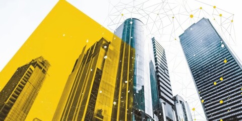 Modern Cityscape With Network Connections And Abstract Yellow Overlay,Representing Business And Technology