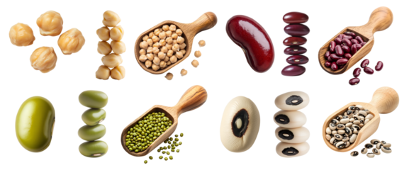 Collection of 4 set of legume seed plant bean, Chickpea chick pea, Black-eyed cowpea, Mung moong green gram, Kidney red bean, stack single wooden scoop isolated transparent cutout PNG. Mockup template