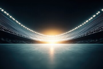 A dramatic perspective of a stadium with bright lights illuminating a curved structure, creating an energetic and captivating atmosphere.