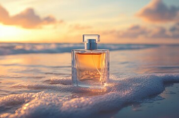 Elegant rectangular perfume bottle surrounded by soft