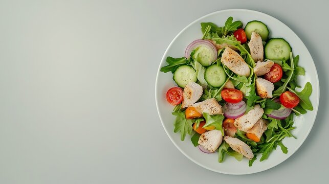 A table showing a plate filled with a delicious chicken salad made from mixed vegetables, cherry tomatoes, cucumber slices, red onion slices, and arugula leaves. Professional food display.