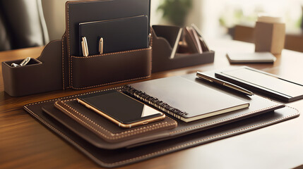 leather office organizer with a phone stand, a notebook, and a sleek pen, creating a contemporary and efficient workspace 
