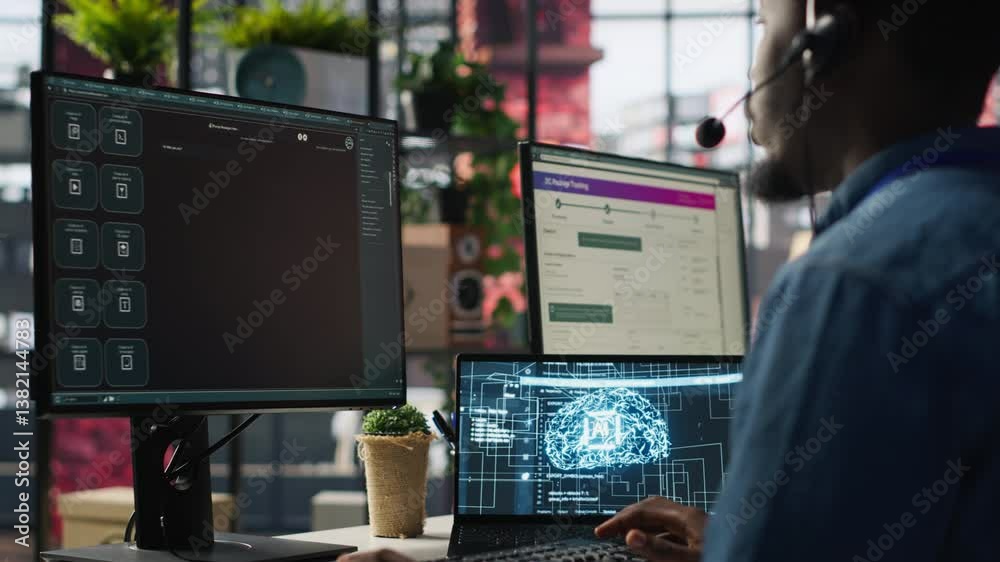 Poster call center worker in office using ai chatbot to answer customer questions. man doing customer servi