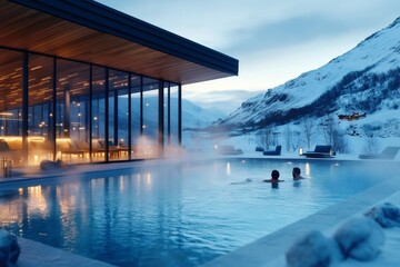 Tourists relaxing in infinity pool at luxury resort in snowy mountain landscape