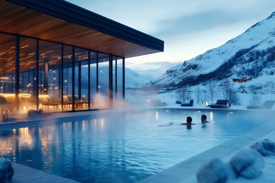Tourists relaxing in infinity pool at luxury resort in snowy mountain landscape