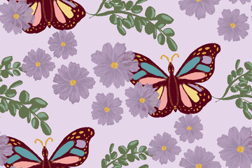 Butterfly floral botanical seamless pattern on purple 