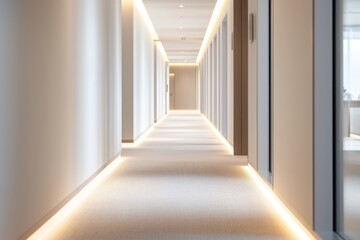 A well-lit corridor with modern design, featuring soft lighting along the floor and minimalist walls.