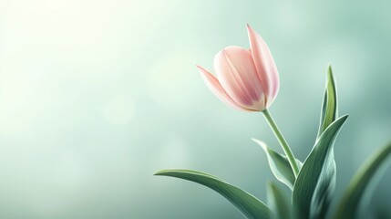 Naklejka premium A delicate pink tulip stands gracefully against a soft, blurred background, evoking tranquility and beauty.