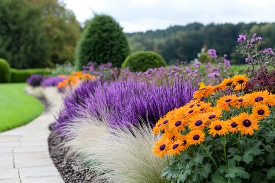 Colorful flowerbed with orange arctotis, purple salvia and ornamental grass growing in a garden