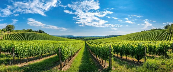 Exploring Vineyards Rows Under Blue Sky with Clouds on a Sunny Day