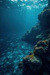 Fototapeta premium Dark blue ocean surface with waves and seaweed, blue, seaweed
