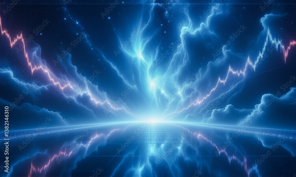 Poster dramatic abstract sky with ethereal blue and purple hues and a bright central glow. dynamic energy a