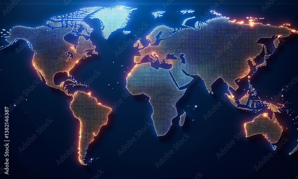 Leinwandbilder Digital representation of the world map with illuminated points highlighting continents and countries against a dark blue backdrop.