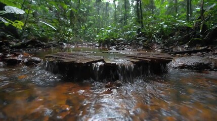 Fototapeta premium Rainforest stream flowing over log