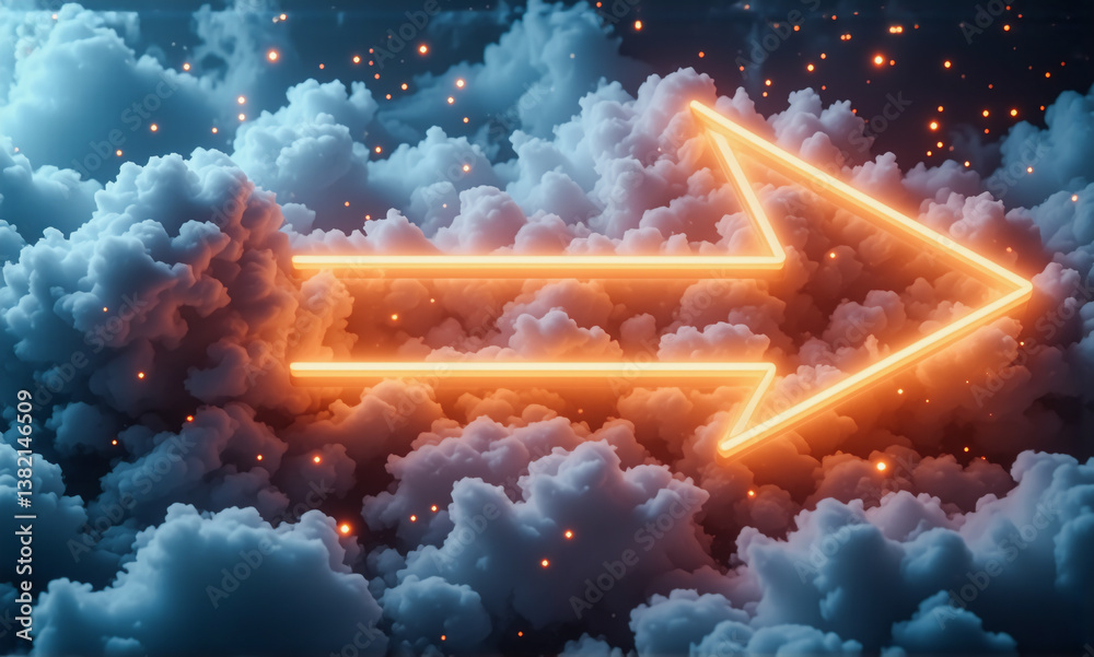 Poster a vibrant orange neon arrow points right, glowing against a backdrop of fluffy blue clouds and spark