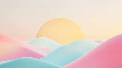 Pastel Hillscape with a Yellow Sun Above