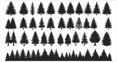 Fototapeta premium Set of pine tree silhouettes icons vector. Set of black pine tree silhouettes vector design. Pine and fir tree silhouettes vector art. Forest tree silhouette elements vector design