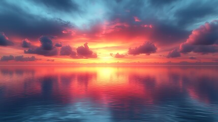 Sunset Symphony: Witness a breathtaking sunset where the sky ignites with a fiery display of red and orange hues, casting a magical reflection upon the calm water surface.