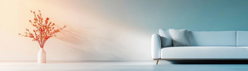 A minimalist interior scene featuring a light-colored sofa beside a vase of red flowers against a soft blue wall.