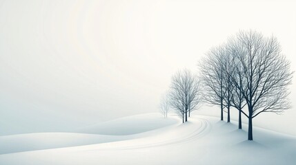 A serene winter landscape featuring bare trees on snow-covered hills under a soft, pale sky, creating a tranquil and minimalist atmosphere.