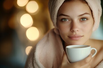 Beautiful woman wearing bathrobe and towel enjoying a cup of coffee
