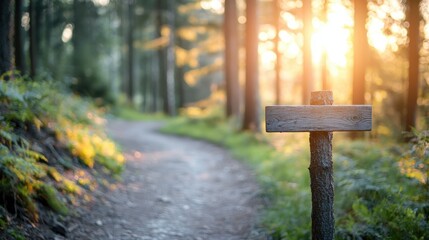 A serene forest path with golden sunlight filtering through trees, featuring a wooden signpost guiding the way.