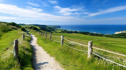 Fototapeta premium Scenic hiking trail descending to the sea through green fields in Normandy, France