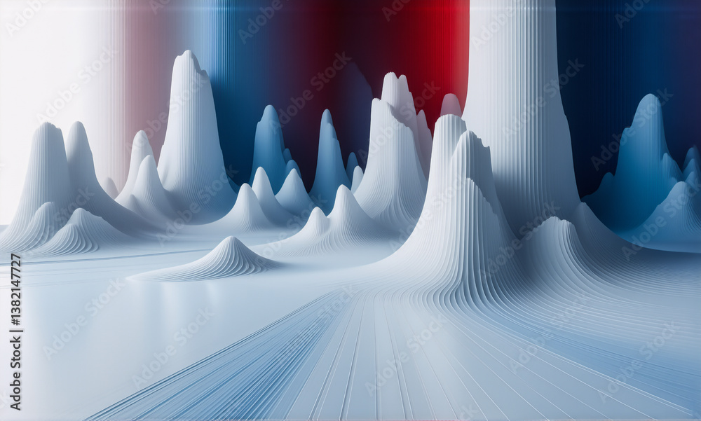 Poster Abstract landscape features smooth, wavy white shapes like mountains against a blurred blue and red background. Futuristic design with soft light effects and textured surfaces.