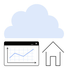 Cloud, upward trendline graph in a software window, and minimalist home outline. Ideal for analytics, technology, cloud data storage, smart home, IoT innovation efficiency. Flat simple metaphor