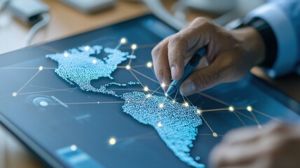 Hand interacts with a digital map on a tablet screen, highlighting network connections.