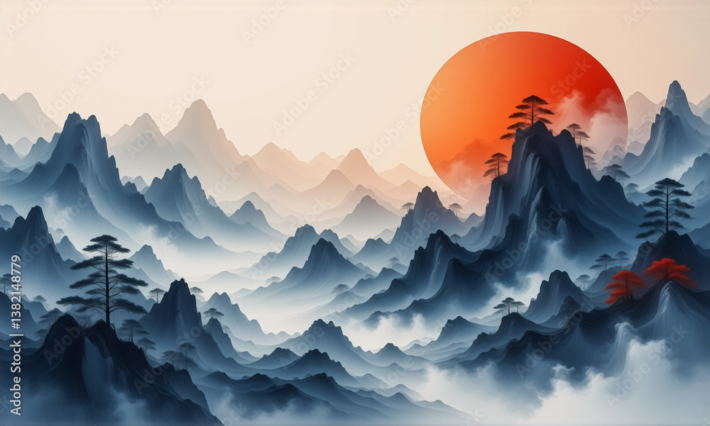 Poster misty blue mountain range silhouettes are bathed in the warm glow of a large orange sun, with scatte