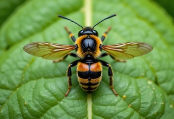 Detailed Close-up of a Honeybee on a Leaf. Generative Ai