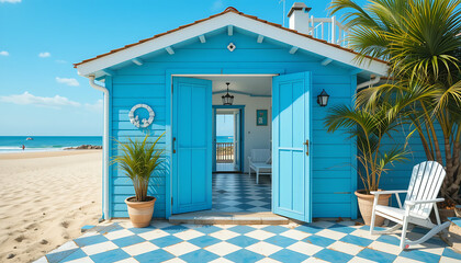Fototapeta premium white house on a tropical beach, blue door and blue wall, 32K Revolution