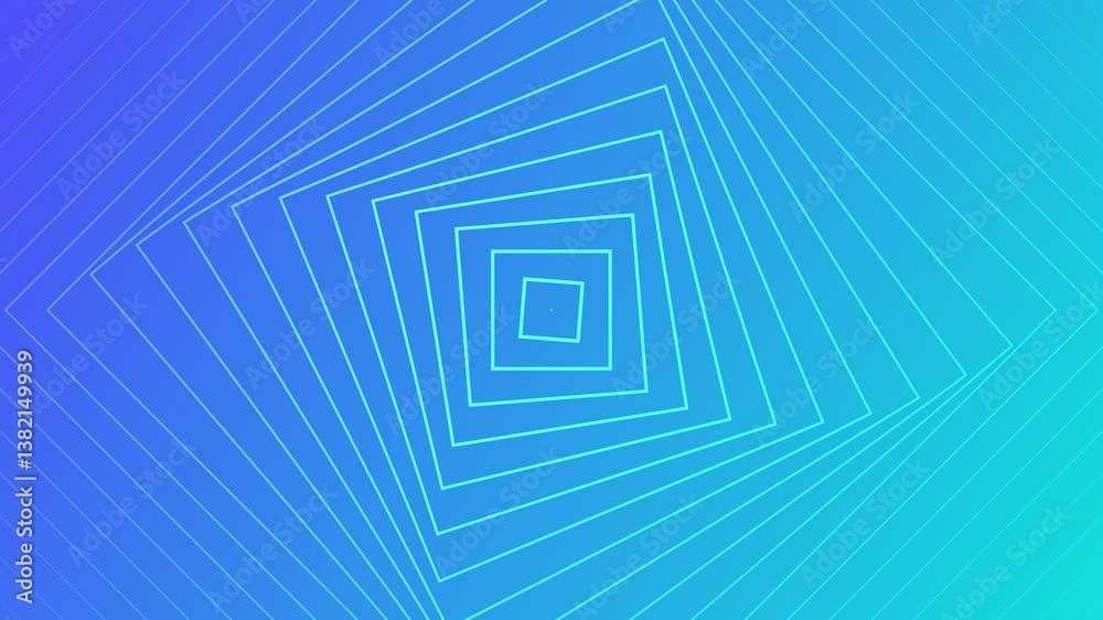 Wall mural geometric animation features rotating squares creating optical hypnotic illusion effect on blue grad