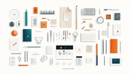 Flat lay of various office supplies and digital devices