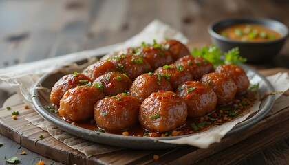 Delicious Meatballs Appetizer with Sauce and Chives on Rustic Wood Table