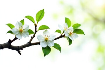 Obraz premium Leafy branches with delicate flowers isolated on white background, tree, simplicity