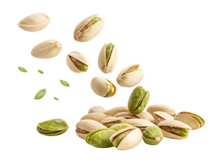 Pistachio nuts falling and scattered on transparency background, showcasing their vibrant green color and unique texture