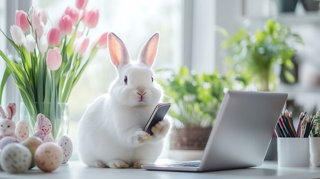Confident entrepreneur networking on phone at workstation with festive Easter bunnies and spring flowers