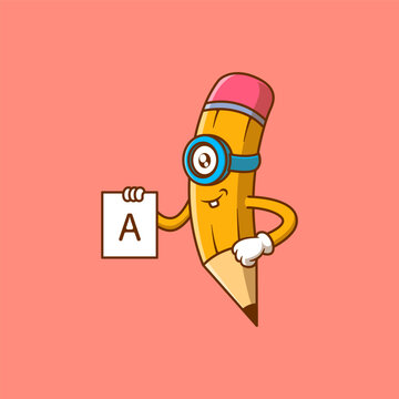 Cute Pencil White Paper Book Cartoon Illustration. Study icon concept. Flat cartoon style
