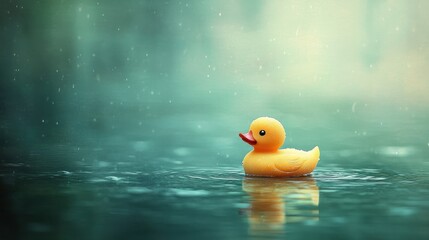 Yellow duck in a rainy pond