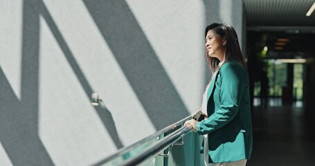 Thinking, idea and businesswoman in hotel for travel at magazine publishing conference. Planning, brainstorming and female creative journalist at convention center with ambition for startup company.