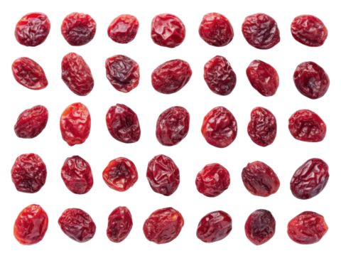 Dried cranberries arranged in grid pattern, showcasing their rich red color and wrinkled texture, evoke sense of healthy snacking